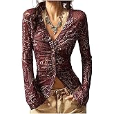 SweatyRocks Women's Long Sleeve Slim Fit Ruched Button Down Shirt Y2k Vintage Going Out Tops