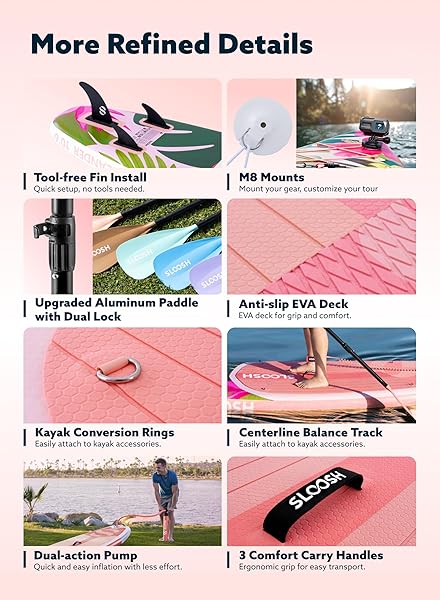 SLOOSH INFLATABLE STAND UP PADDLE BOARD, 10’6″ INFLATABLE PADDLE BOARDS WITH PREMIUM ACCESSORIES, NON-SLIP EVA DECK, ULTRA-LIGHT CARRY BAG, MEANDER SUP FOR YOUTH & ADULTS, TROPICAL SUNRISE