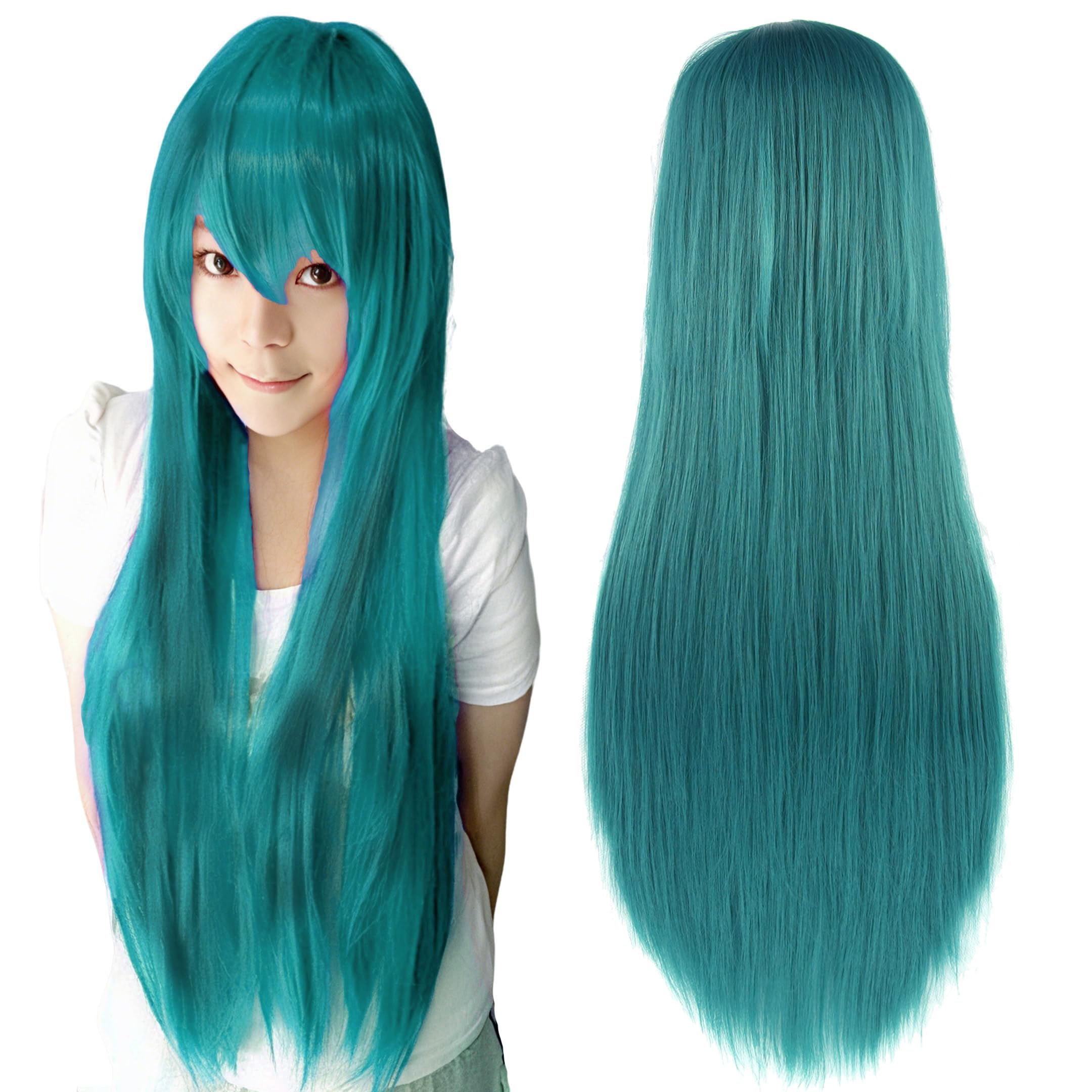 IMISSU 80cm Long Straight Natural Hair Cosplay Wigs with Bangs Colorful Halloween Costume Party Wig for Girl (Green)