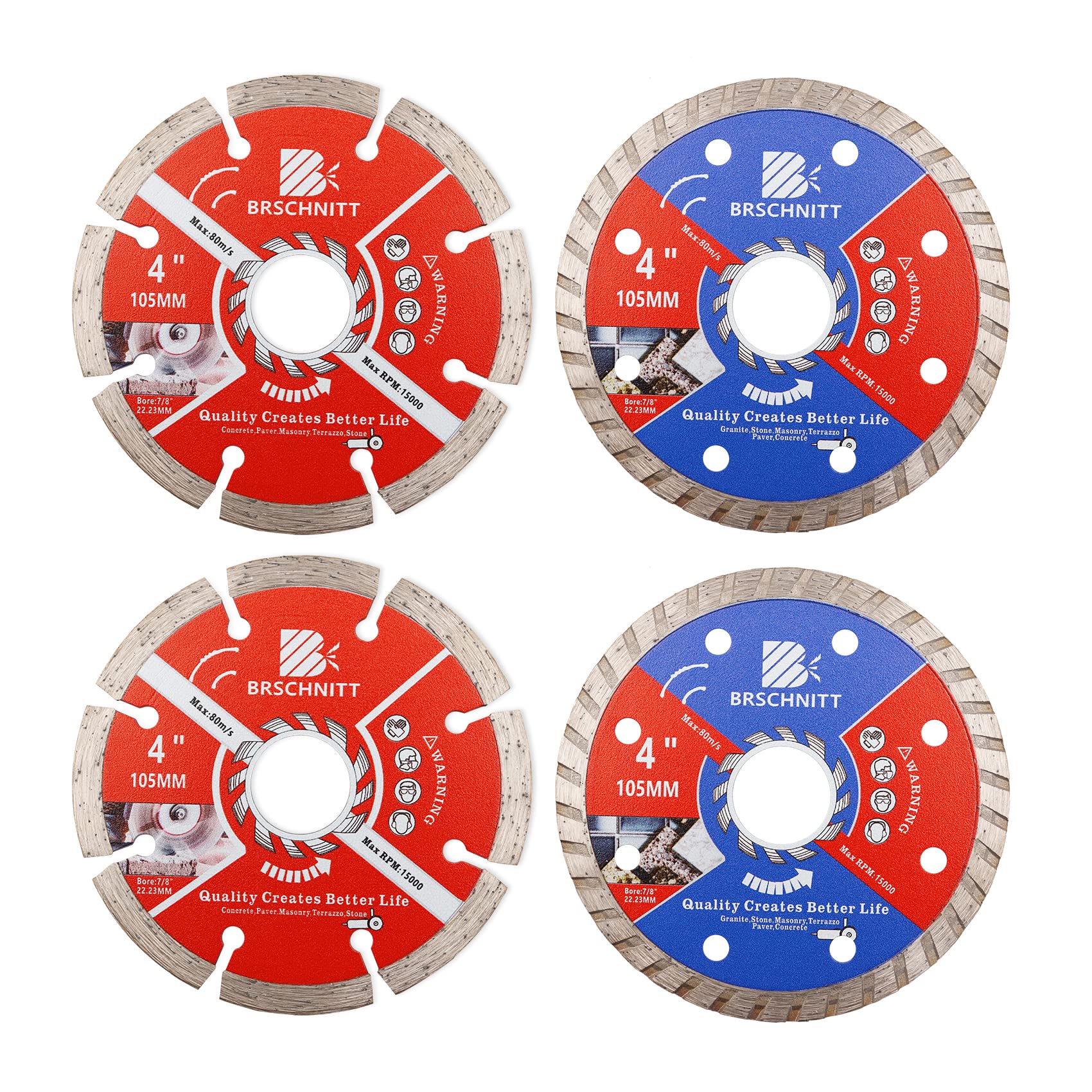 BRSCHNITT Diamond Disc Set,105mm Arbor 22.23mm - 16mm for Granite,Stone,Masonry,Terrazzo,Paver,Concrete,Pack of 4 Dry/Wet Circular Diamond Cutting Disc