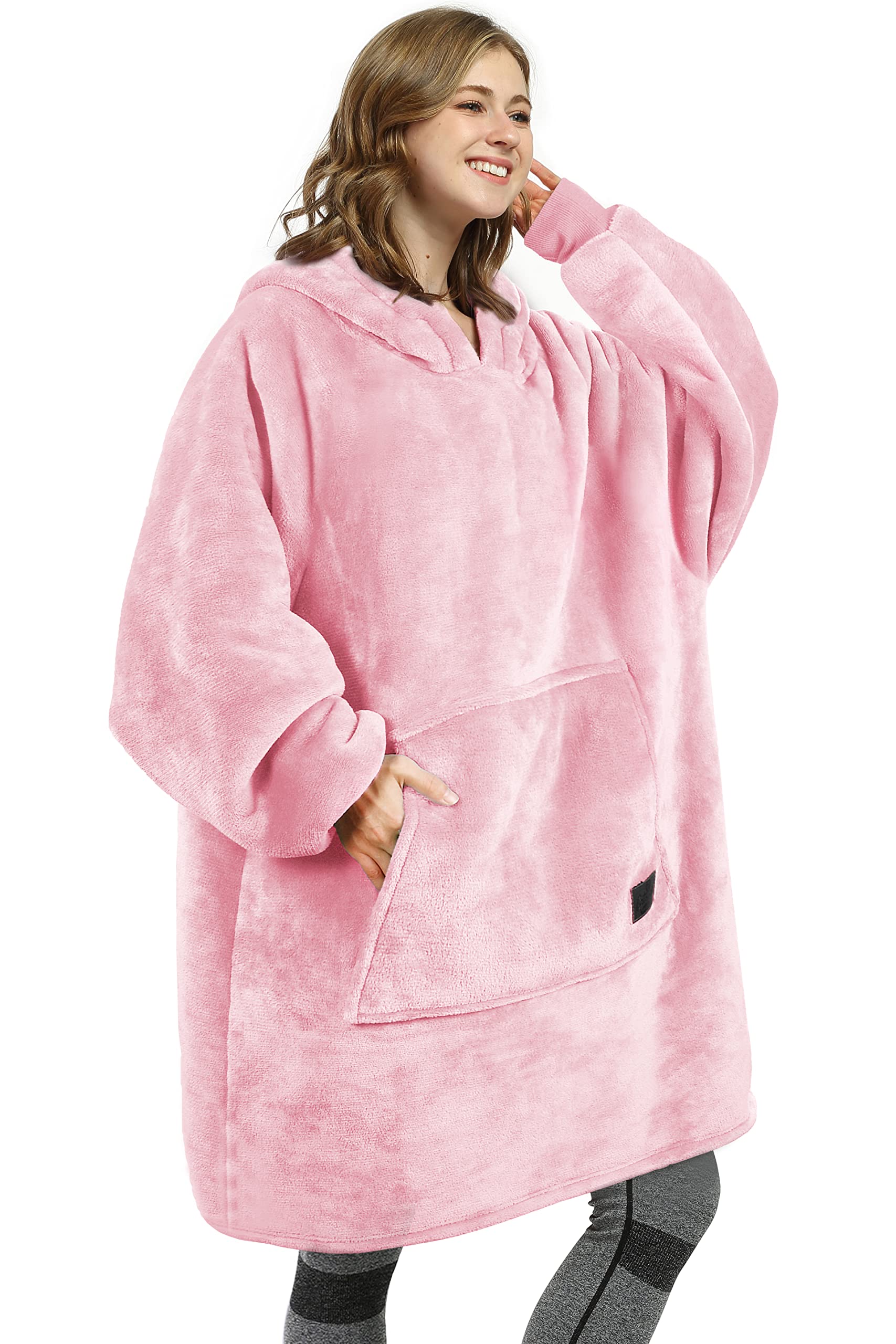 Oversized Hoodie Blanket, Warm Gifts for Women Men, Fluffy Sherpa Wearable Hooded Sweatshirt Blanket, Giant Hoodies Sweater with Front Pocket for Adults Friends, Pink
