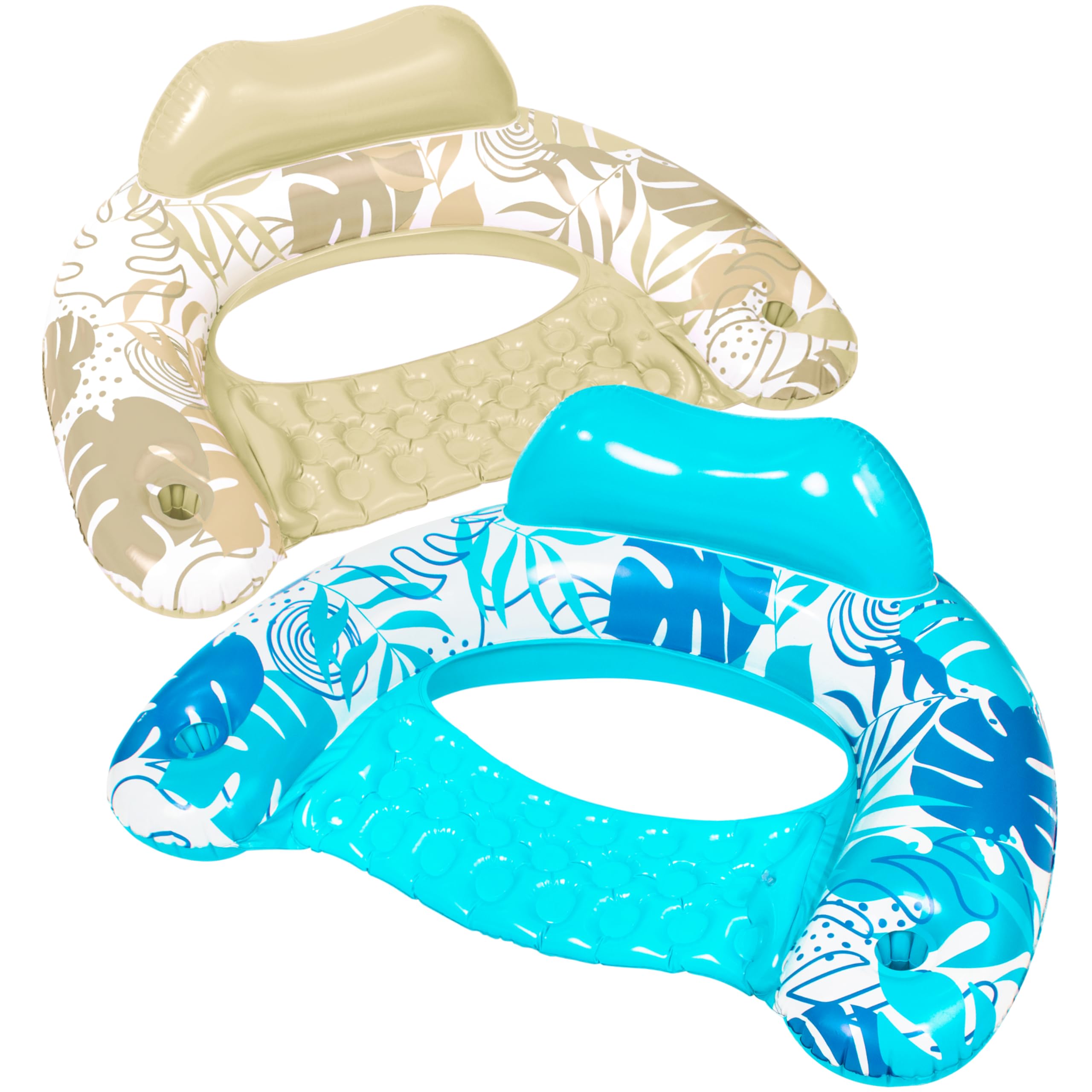 Photo 1 of SLOOSH Inflatable Pool Floats Adult,2 Pack Pool Chairs with Cup Holders,Blow up Floats Chair,Hammock Noodle Mat Leaves Design for Relaxing Summer Water Fun Swimming Party Beach,Blue,Champagne