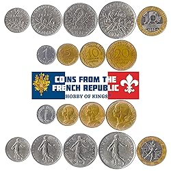 Set of 9 Coins from France. 1, 5, 10, 20