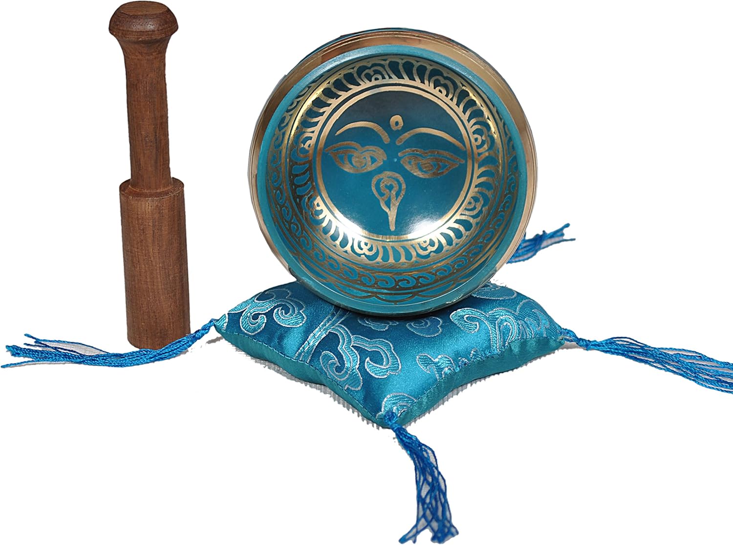 Tibetan Singing Bowl Set By Dharma Store - With Traditional Design Tibetan Buddhist Prayer Flag - Handmade in Nepal (Turquoise) - Image 3