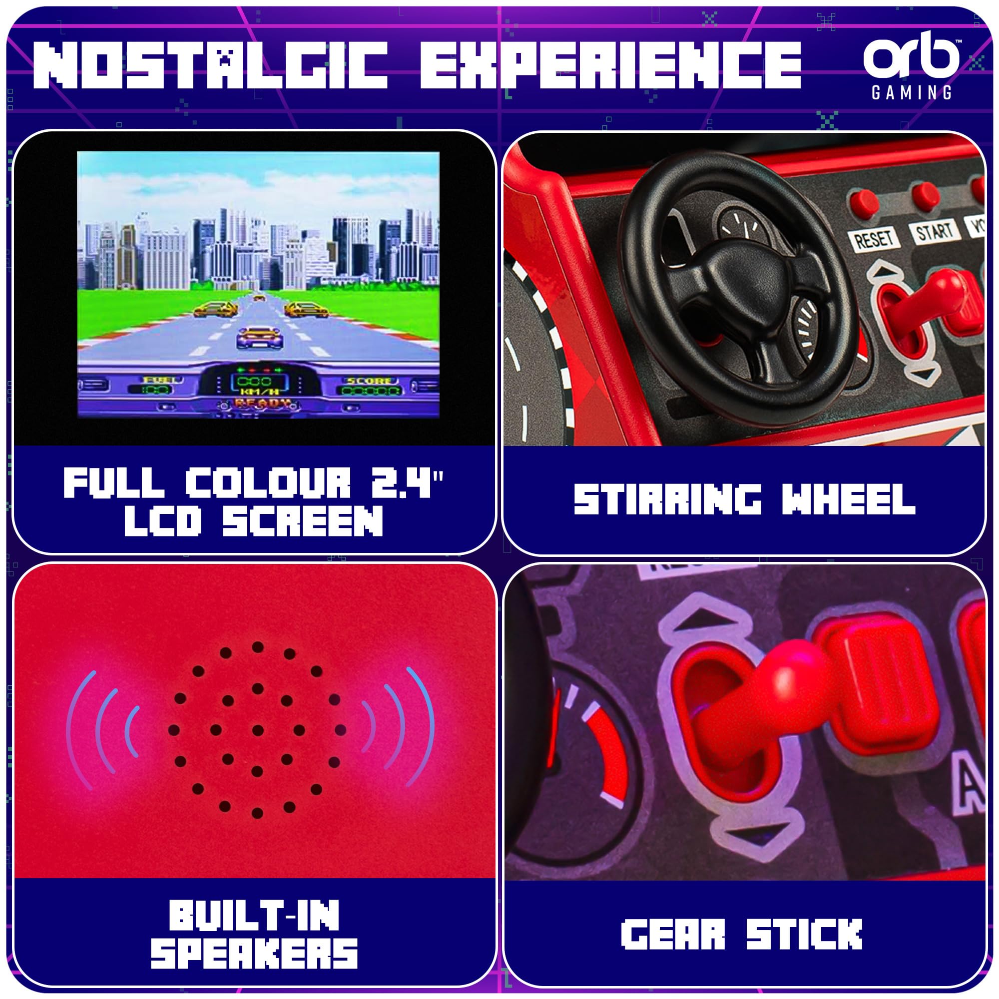 Orb - Mini Arcade Racing Machine: Handheld Console with 30 Pre-Loaded 8-Bit Games, 2.4