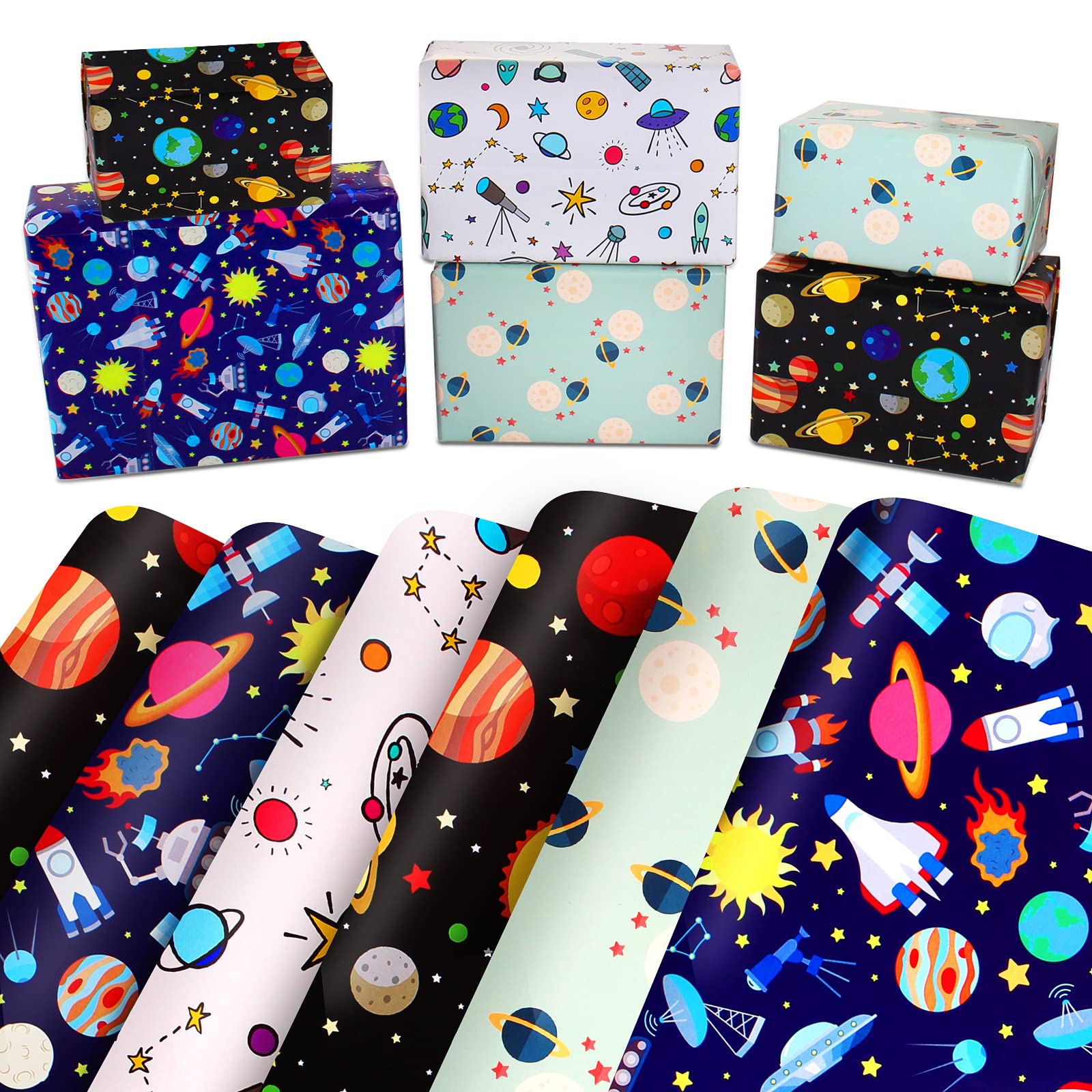 Bonkee Space Wrapping Paper Birthday Gift Wrapping Paper Sheets for Boys Kids Children with Blue White Navy with Galaxy Spaceship Design,Birthday Gift Wrap Set Present Wrap
