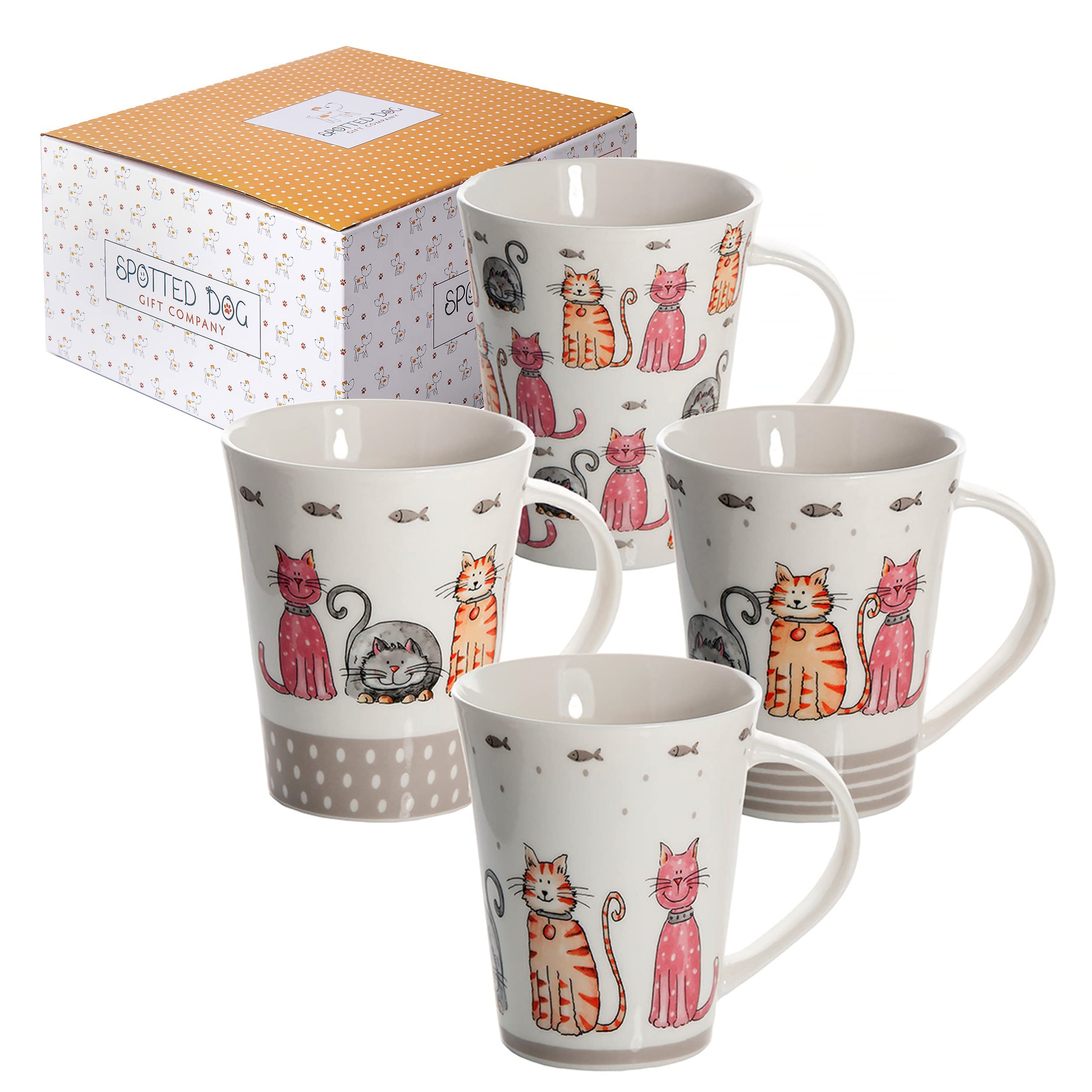 SPOTTED DOG GIFT COMPANY Mugs Set of 4 Coffee Tea Cups for Hot Drinks, Cute Cat Themed Ceramic Porcelain China, Dishwasher & Microwave Safe, Gifts for Cat Lovers Women Men 360ml