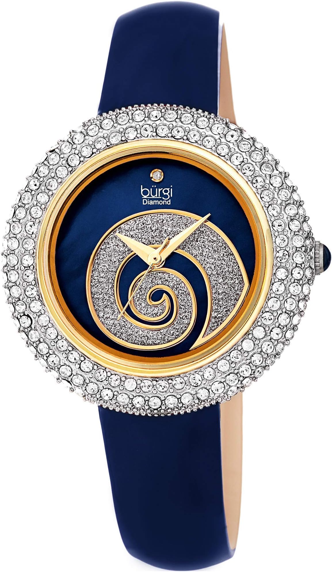 BurgiSwarovski Crystals Encrusted Quilted Dial - Sparkle Swirl Mother of Pearl Dial - Slim Leather Strap Women's Watch - Mothers Day Gift - BUR209BU (Midnight Blue)