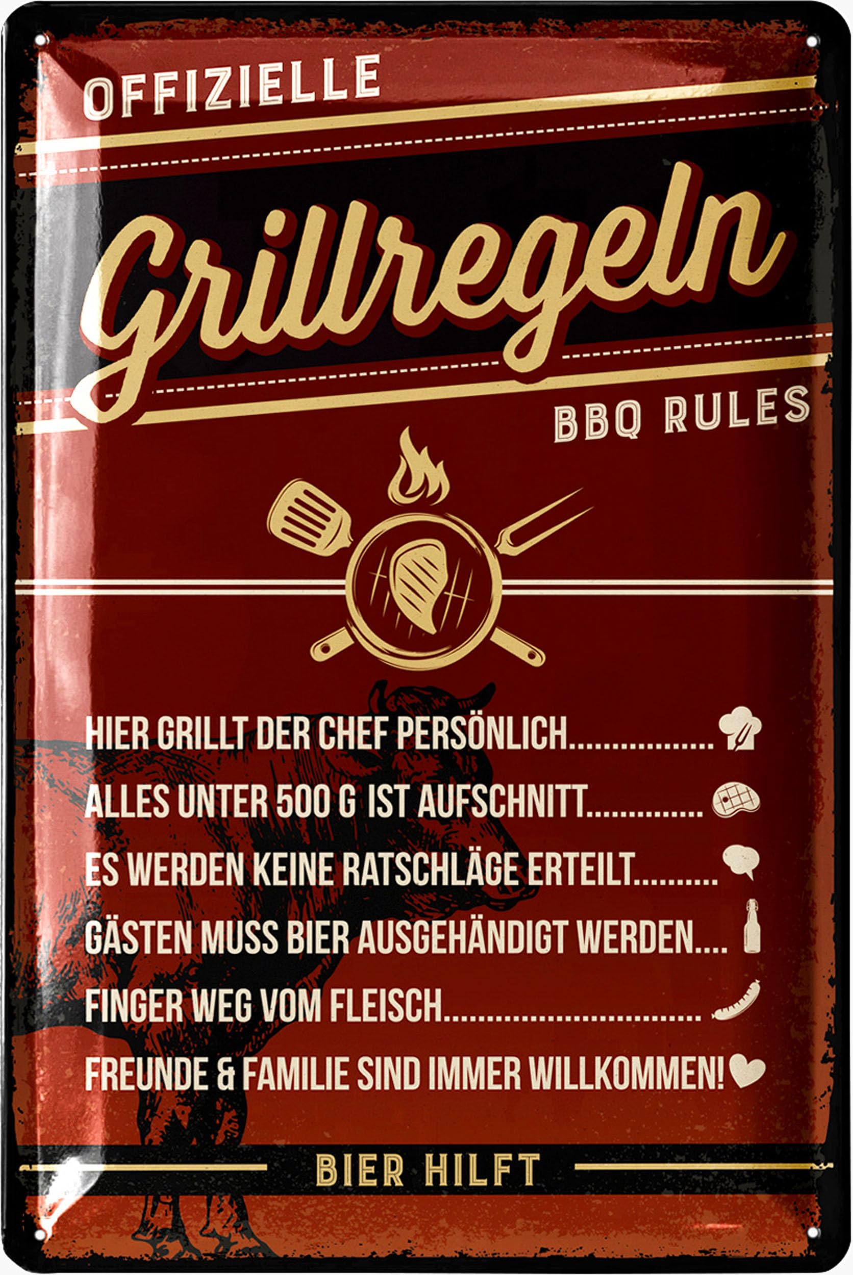 Retro Tin Signs for Grilling, BBQ Rules Sign, BBQ Grill, Retro Decoration, Barbecue Area Sign Garden, Gift for Dads, Grill Sign, Signs with Sayings and Punching in 20 x 30 cm