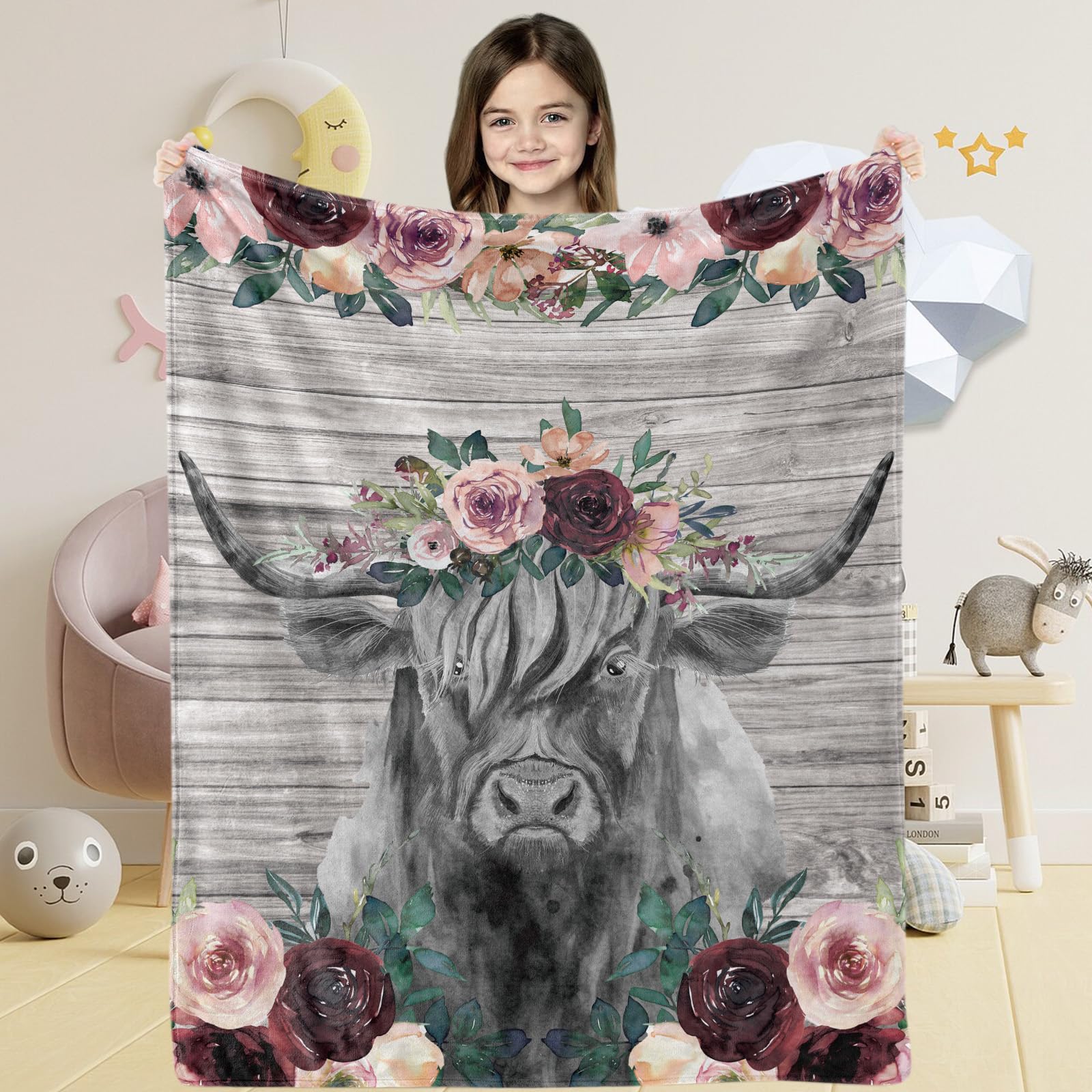 Vintage Highland Throw Blanket for Girls, Watercolor Cow Flower Floral Soft Cozy Plush Flannel Fleece Blanket for Kids Toddler Couch, 100x130 cm