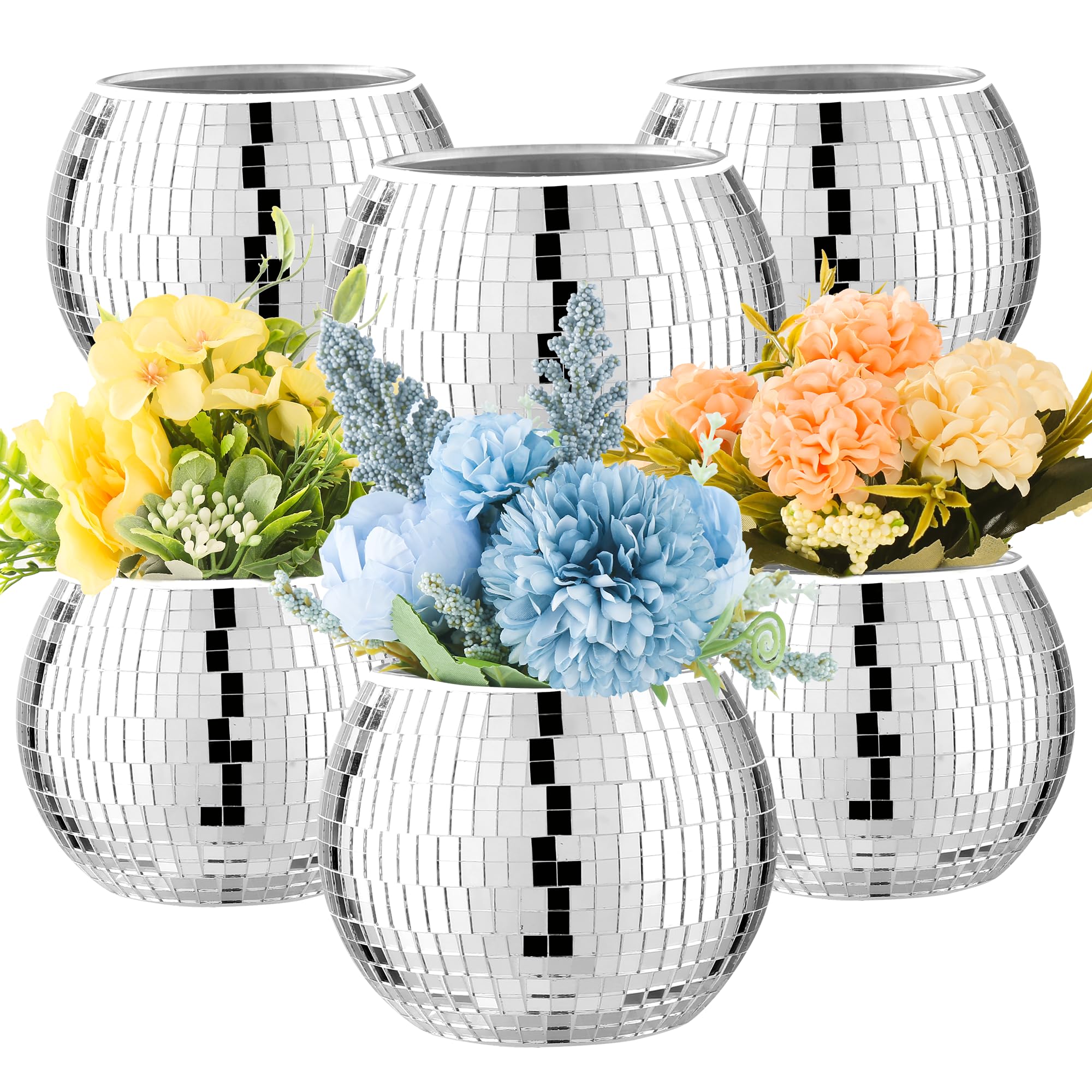 Photo 1 of 6 Pcs Disco Ball Vase Disco Ball Planter for Centerpieces Disco Ball Decor Flower Vase with Silver Mirror Glass for Wedding, Birthday, Party (4" X 4.7")
