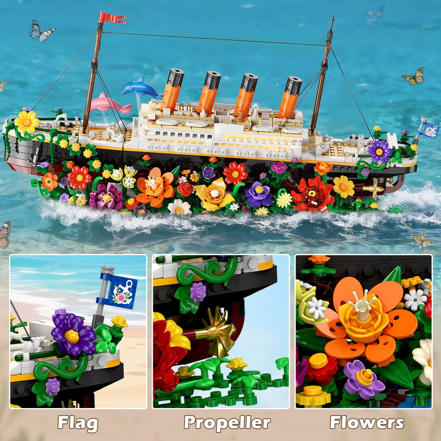 INSOON Blumen Titanic Bauspielzeug mit Licht, 1860 Stück Titanic Schiff Modell Klemmbausteine mit Blumen & Pflanzen, Deko Bausteine Geschenk für Erwachsene Jugendliche Jungen Mädchen ab 12 Jahren 5