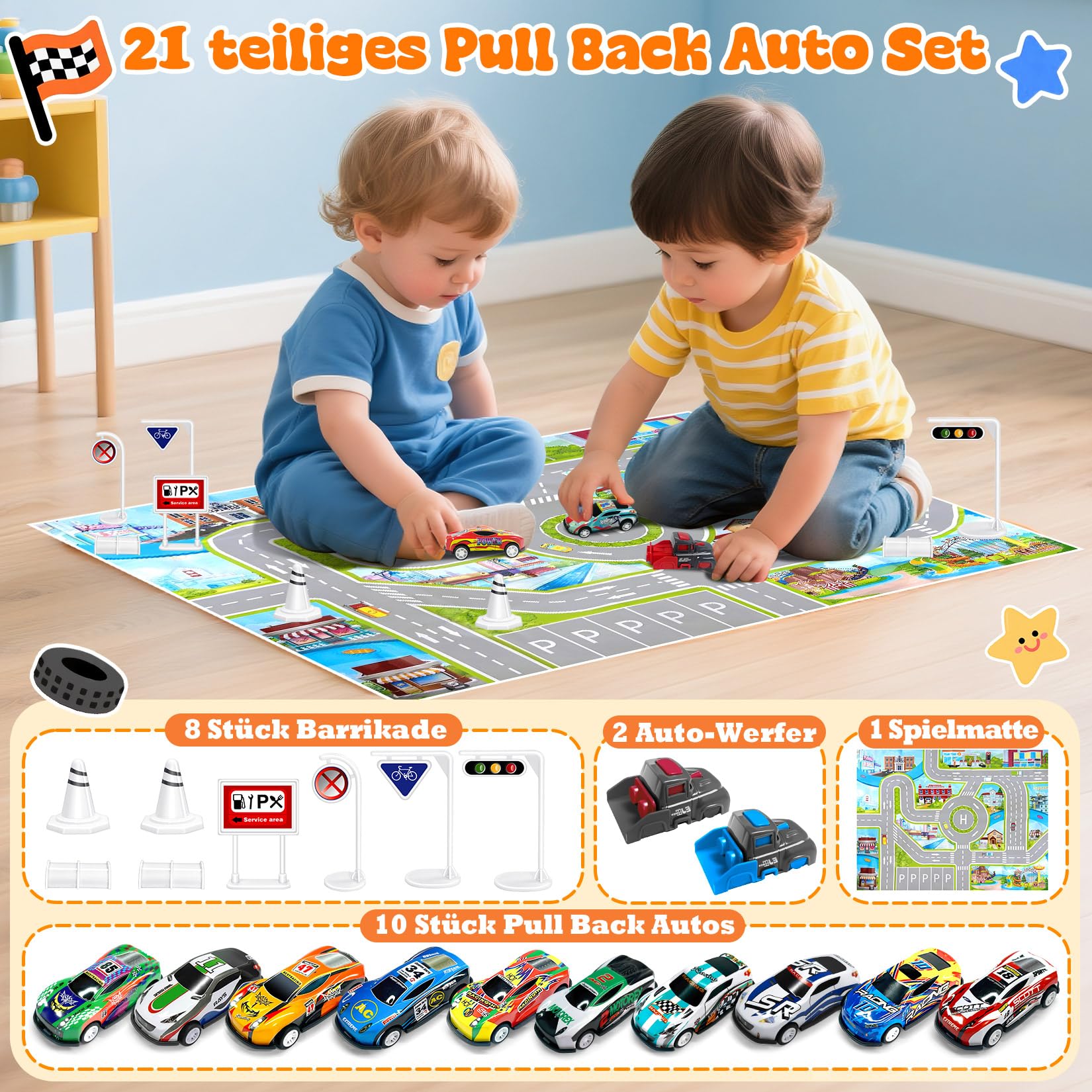 TOYABI Auto Spielzeug Set, 10 Stück Spielzeugautos Metall mit spielteppich & Katapult, Kleine Spielzeugauto, Autos Zurückziehen Fahrzeuge, Geburtstag Geschenk für Kinder ab 3 4 5 6 7 8 Jahre 2