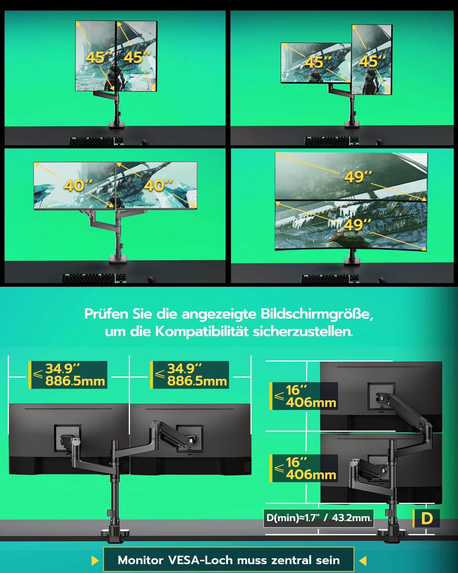 ARES WING Monitorhalterung 2 Monitore übereinander für 17-49 Zoll Flach & Curved Bildschirme, dual Monitor Halterung mit Gasfeder und USB A/C Port, Höhenverstellbar, Gewicht 2-20kg/arm,VESA 75 & 100 4