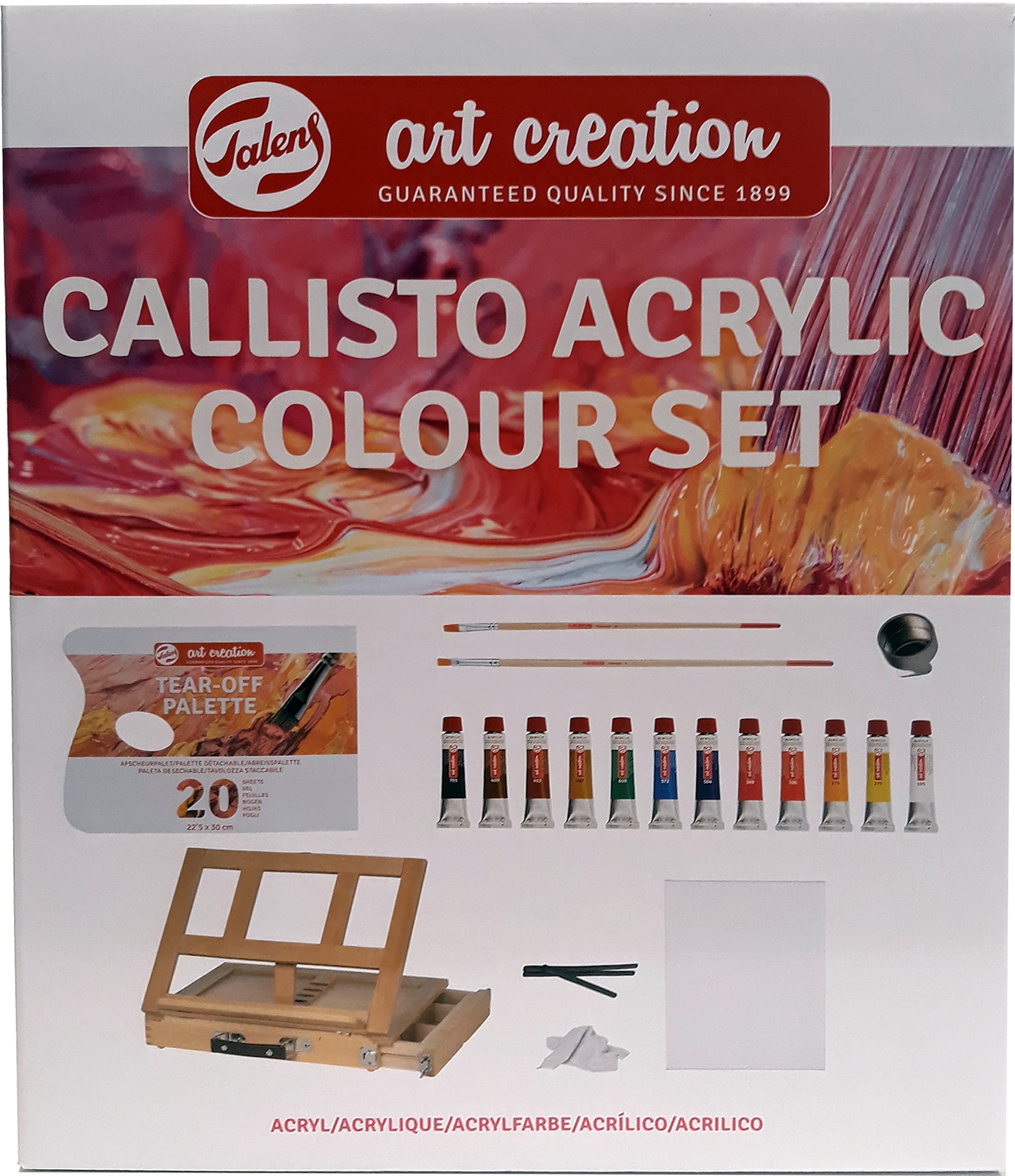 Talens Art Creation Set of 12 Acrylic Tubes 12 ml, Box-Easellette, Disposable Palette, Brushes, Well, Charcoals, Fabric Cloth, Slatted Slatboard
