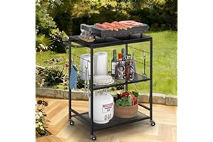 DAOUTIME Grill Cart for Outside, 3-Tier BBQ Food Prep Rolling Table Cart, with 23.62" Lx 15.75" W Stainless Steel Tabletop, Outdoor Pizza Oven Table Ideal for Patio Backyard Kitchen Tools Room