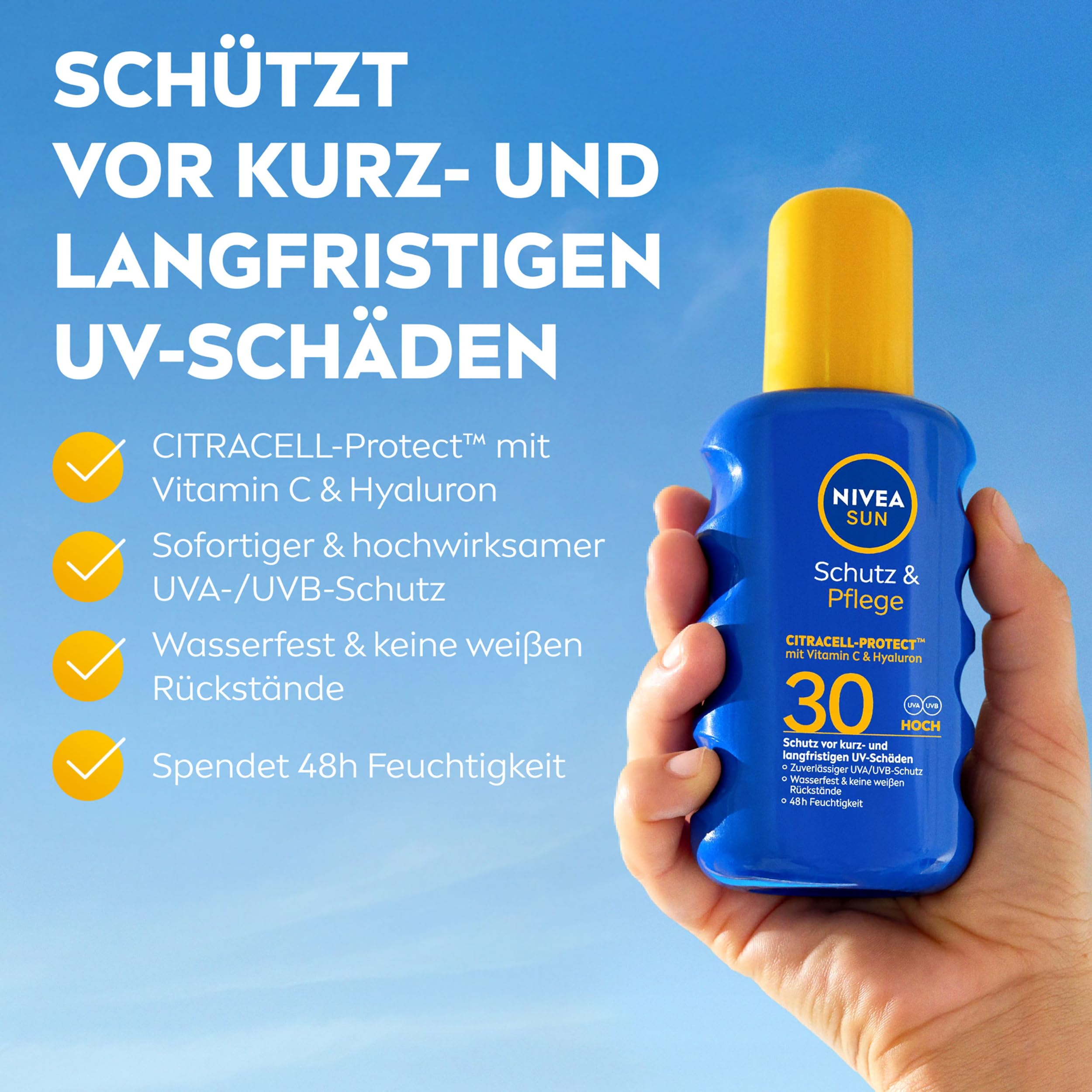NIVEA SUN Schutz & Pflege Sonnenspray LSF 30, wasserfestes Sonnencreme Spray mit Vitamin C & Hyaluron, schnell einziehender Sonnenschutz für 48h Feuchtigkeit (200 ml) 2