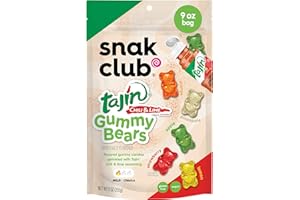 Snak Club Tajin Gummy Bears, Assorted Fruit Candy Gummies with Chili and Lime Seasoning, Mild, Gluten-Free and Vegan Snacks, 9 oz Resealable Bag