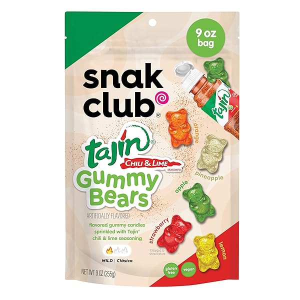 SNAK CLUB TAJIN GUMMY BEARS, ASSORTED FRUIT CANDY GUMMIES WITH CHILI AND LIME SEASONING, MILD, GLUTEN-FREE AND VEGAN SNACKS, 9 OZ RESEALABLE BAG