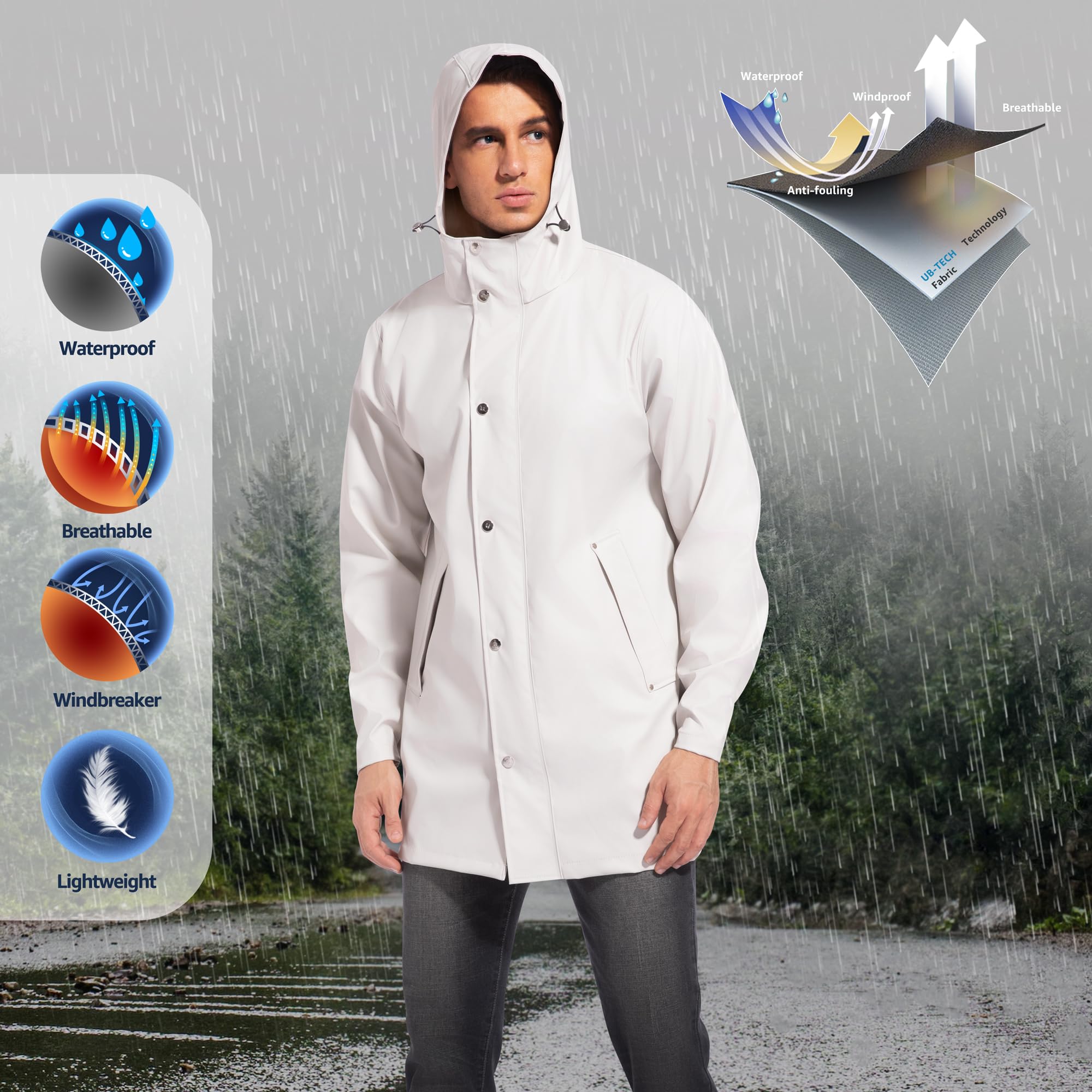 UNIQUEBELLA Regenjacke Herren Wasserdichter, Regenmantel mit Kapuze für Männer Atmungsaktiv Windbreaker Winddichter Outdoor Herren mantel Leichtgewicht