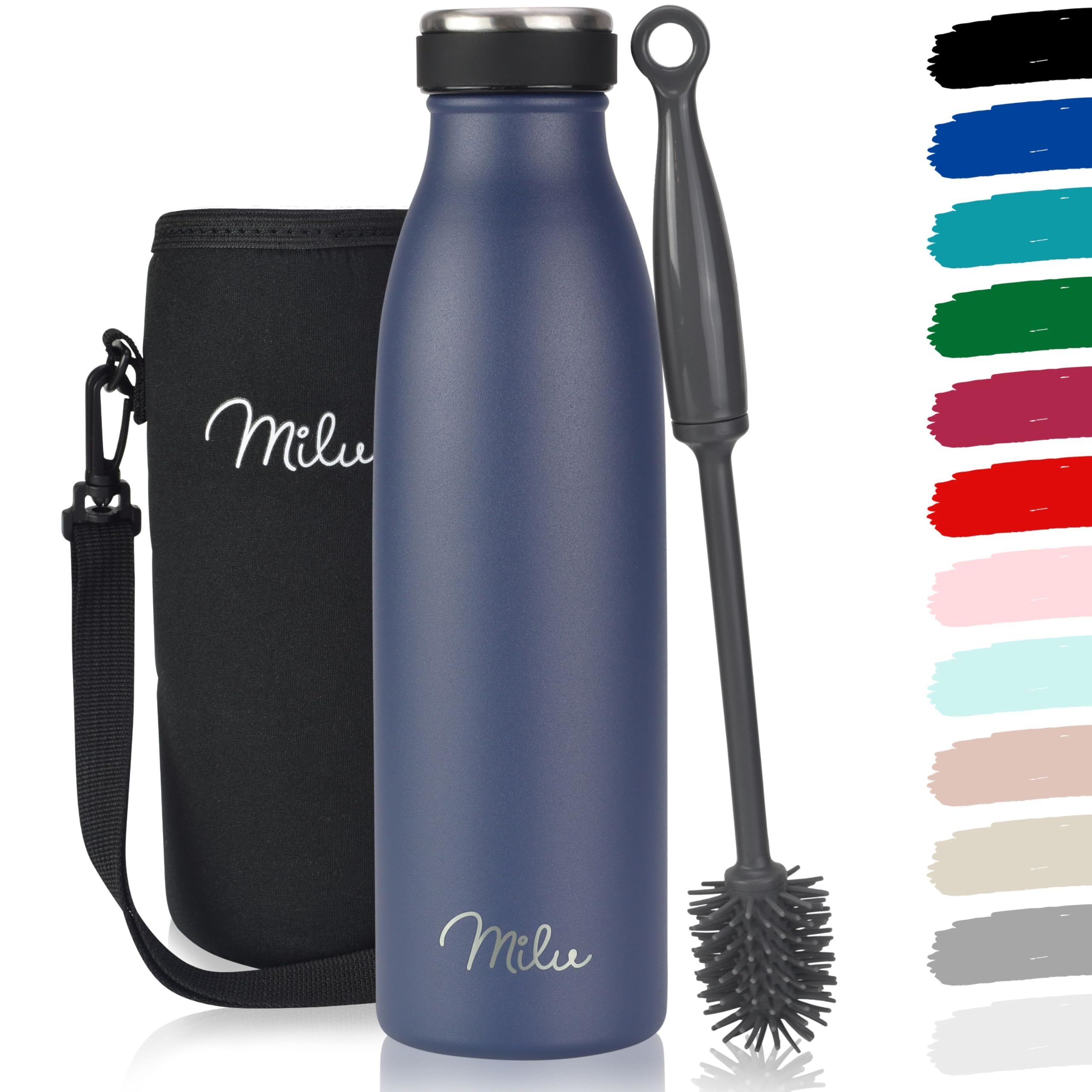 Milu Stainless Steel Drinking Bottle 500 ml - Insulated Thermo Flask for Water - Leak Proof, Insulated and Double Walled, Carbonated (Navy Blue, 500ml)