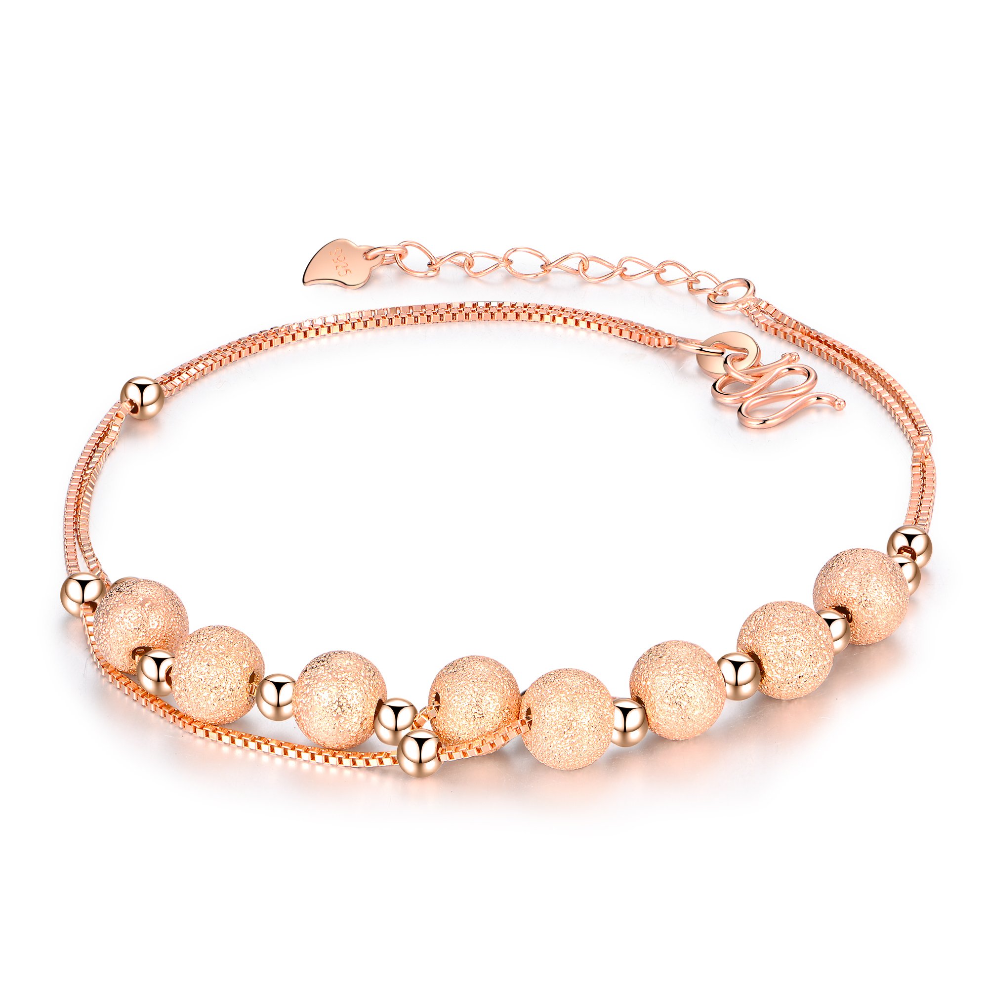 Glittel® Anklets for Women 925 Sterling Silver Gold Rose Gold double chain with happy ball beach sandal barefoot 21-24cm adjustable, gift box packaging