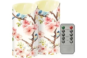 Kigai Spring Flower Bird Flameless Candles Set of 2, Battery Operated LED Flickering Candles with Remote and Timer, Plastic P