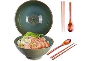 2X Ceramic Ramen Bowls - 40 oz - 20cm - with Spoon and Chopsticks for Ramen Soup Pho Udon Asian Noodles, Large Noodle Bowls (