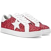 PARTY Women's Glitter Fashion Star Sneakers Low Top Platform Lace Up Comfortable Wedding Walking Shoes