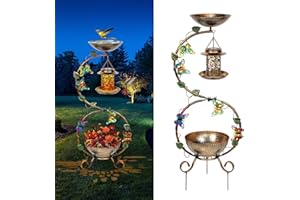 FIMOFIDRE 3 In 1 Bird Bath for Outside and Solar Bird Feeders Combo with Flower Planter Pedestal, 38" Metal Bird Baths Heavy Duty for Outdoors, Vintage Birdbaths for Garden Yard Lawn Decor -Waterproof
