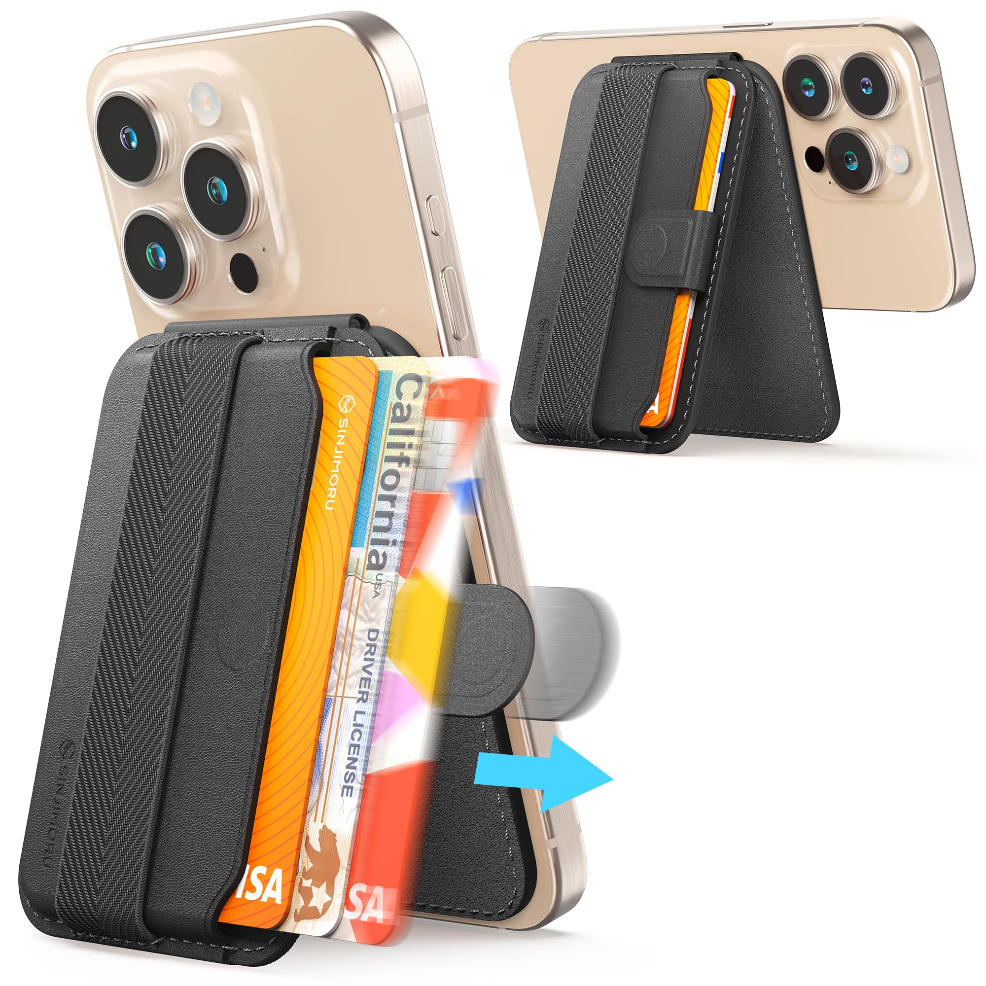 [Sinjimoru] プル & スライド magsafe対応 カードケース, 調節可能なスタンド, タプを引いて取り出す スマホカードケース, カード3枚収納 マグセーフ 財布, iPhone 16/15/14/13/12 シリーズ対応, M-Pull Tab Stand ブラック商品画像