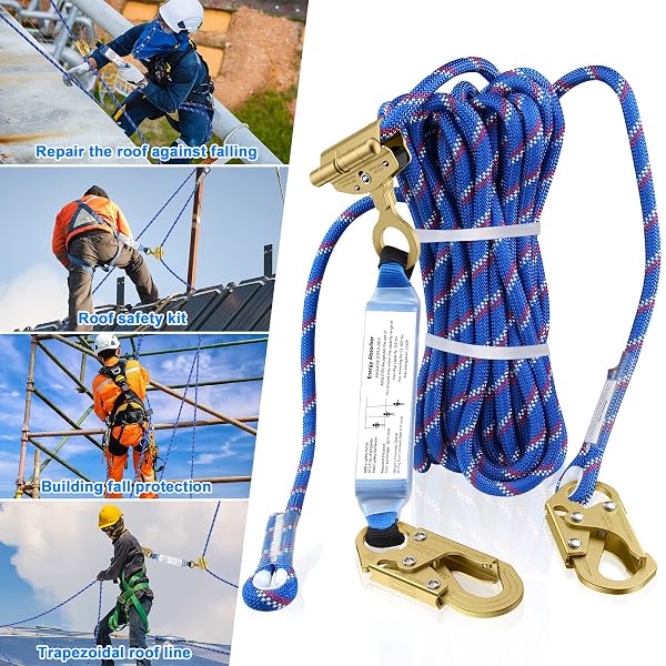 50FT VERTICAL LIFELINE ASSEMBLY，FALL PROTECTION ROPE WITH TWO ROPE GRAB SNAP HOOKS, SHOCK ABSORBER，SAFETY CLIMBING EQUIPMENT ROOFING SAFETY KIT, CE ANSI