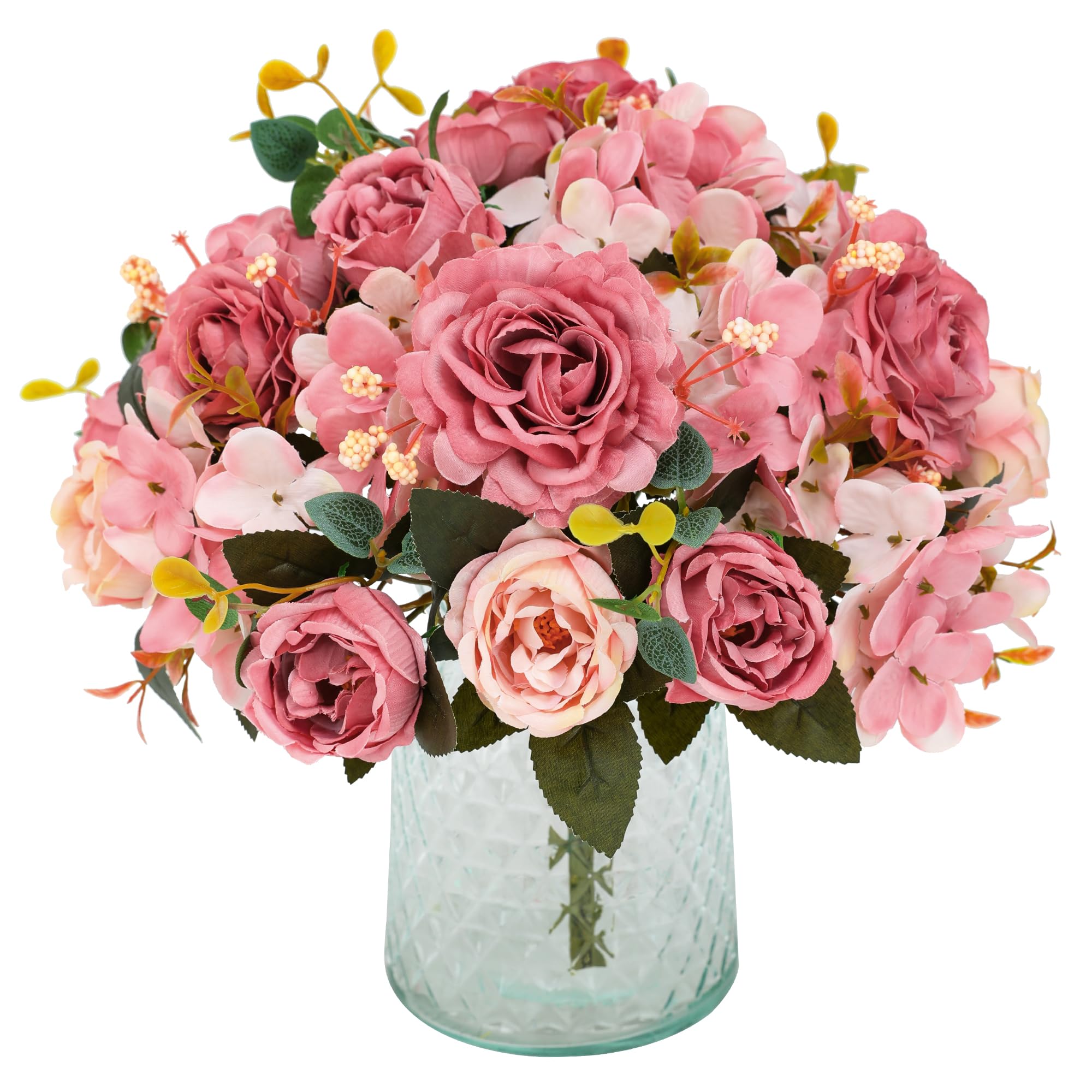 Floweroyal 4 Bunches Artificial Peony Flowers Fake Rose Flowers Silk Hydrangea Bouquet Vintage for Wedding Party Table Centerpieces Floral Arrangement Home Kitchen Decor（Dark Pink）