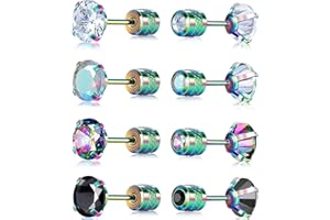 VOLUKA Stainless Steel Cubic Zirconia Stud Earrings for Women & Men - Hypoallergenic 316L Surgical Steel, Plated Titanium, Screw Back Flat Back, Nickel-Free, Trendy & Elegant