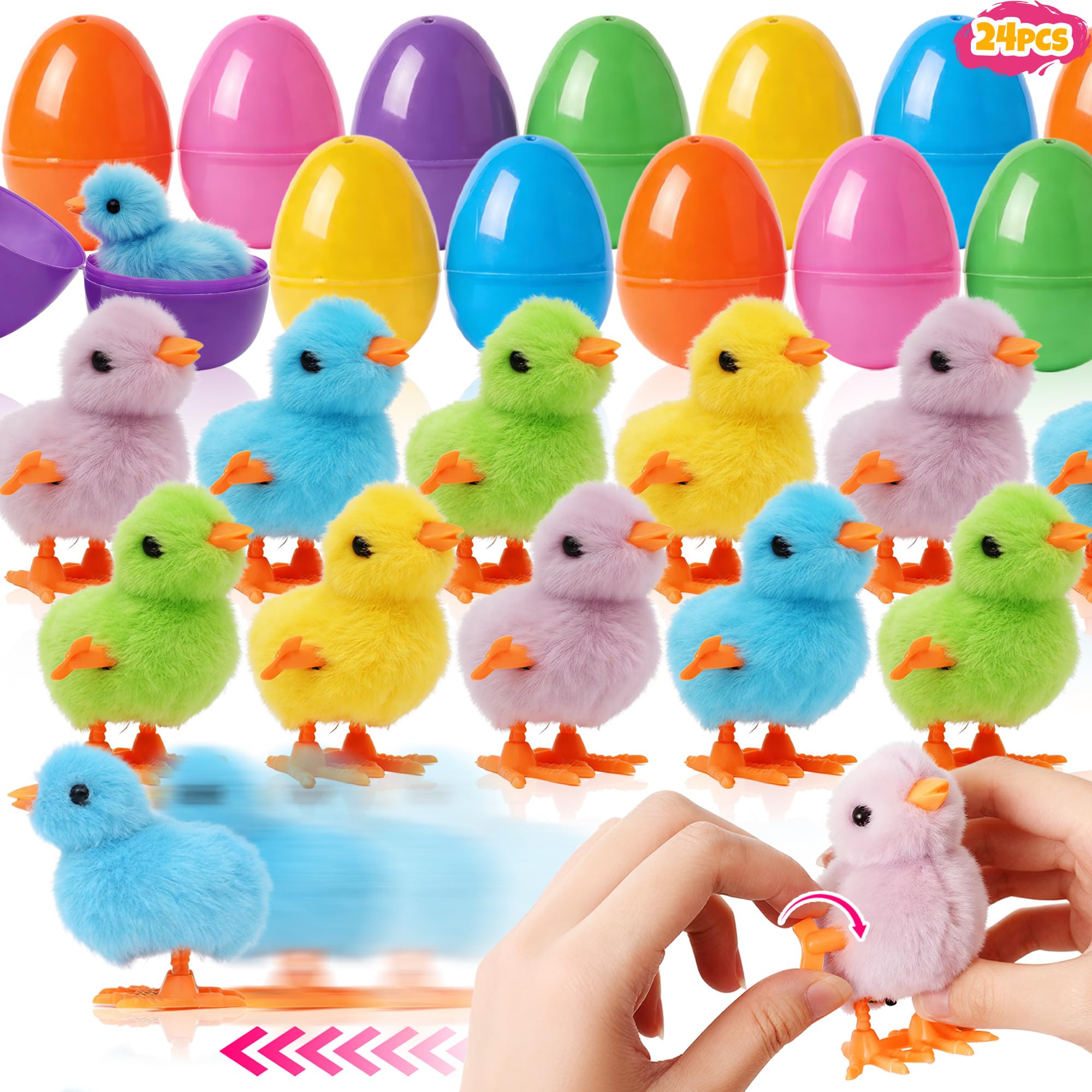 Kiddokids 24 Pack Easter Eggs Prefilled Wind-up Toys, Jumping Chick Toys for Kids Easter Egg Hunt Game, Easter Basket Stuffers, Party Supplies, School Classroom Prize