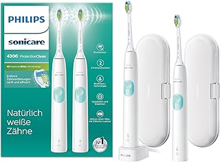 Philips Sonicare ProtectiveClean 4300 elektrische Zahnbürste HX6807/35 – 2 Schallzahnbürsten mit Clean-Putzprogamm, Andruckkontrolle, 2 Reise-Etuis &amp; Ladegerät – Weiß
