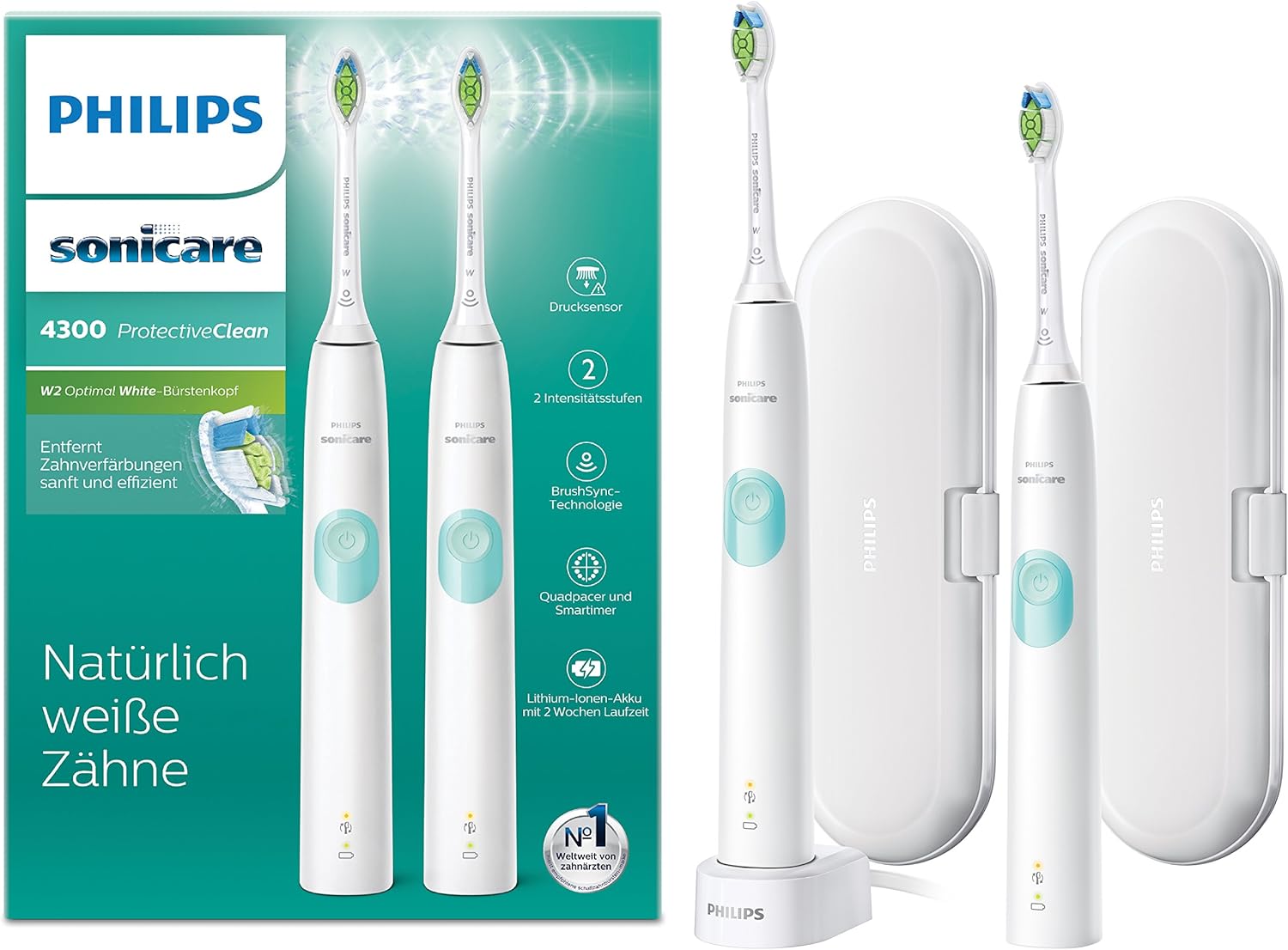 Philips Sonicare ProtectiveClean 4300 elektrische Zahnbürste HX6807/35 – 2 Schallzahnbürsten mit Clean-Putzprogamm, Andruckkontrolle, 2 Reise-Etuis &amp; Ladegerät – Weiß