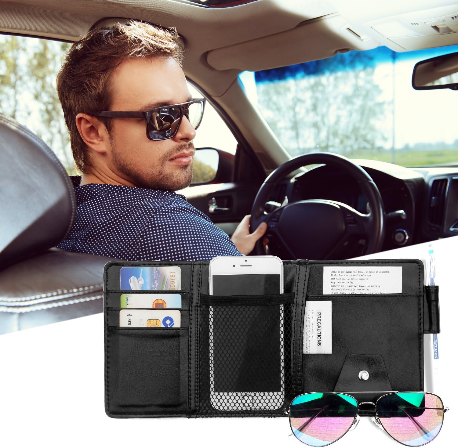 Quality Sun Visor Organizer Pocket Storage Pouch – Chanbly 12x5.5 Inch Rectangular PU Suspended Multifunctional Storage visor pocket organizer Color Black