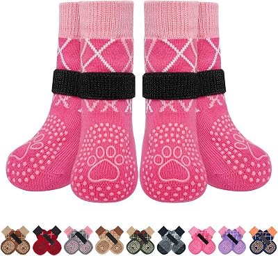 BEAUTYZOO 6Pcs Dog Socks Anti-Slip L Size Pink Traction Grippers