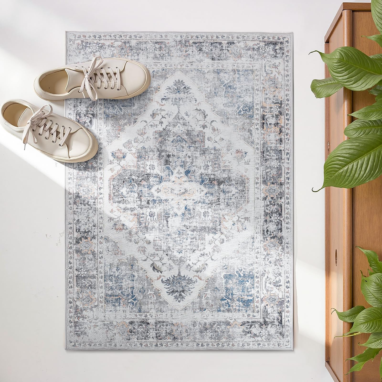 TOPICK Door mat Washable 60x90cm Grey Entryway Doormat Indoor Floral Print Small Rug Thin Lightweight Non Slip Carpet for Kitchen Bathroom — image 1