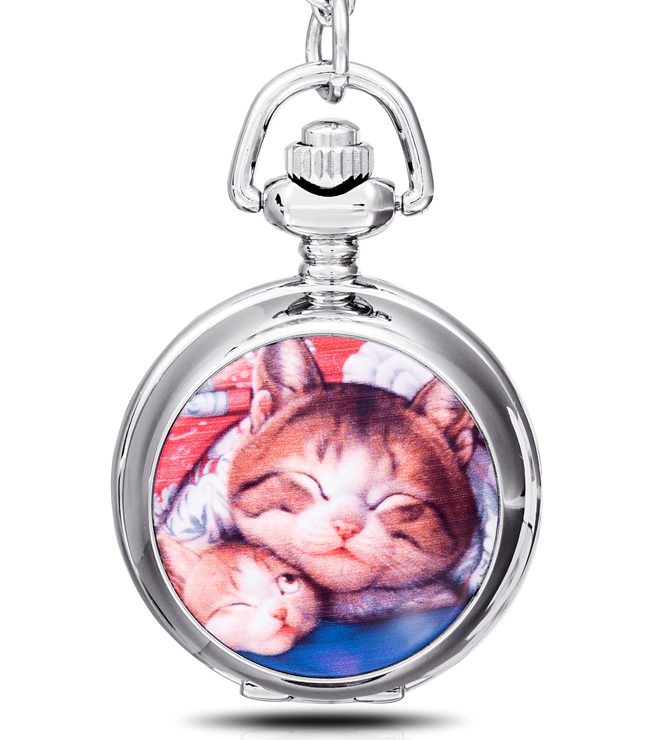 Infinite U Lazy Cat/Kitty/Kitten Pendant with Mirror Small Quartz Pocket Watch Silver Long Necklace with Gift Bag for Kid/Women
