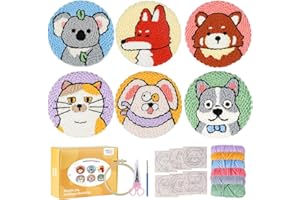 MOREJMTT punch needle kit-6,embroidery kit for beginners,punch needle kits adults beginner,needles, curved scissors, a tool storage box, yarn, easy-to-follow instructions, and tutorial videos(6 animal coaster)