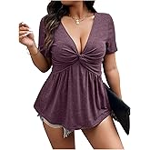 SOLY HUX Women's Plus Size Deep V Neck Twist Front T Shirts Short Sleeve Summer Tunic Tops Ruffle Flowy Tees