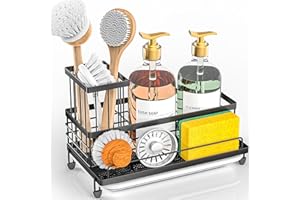Cisily Kitchen Sink Caddy Organizer, Rustproof Non-Slip Soap Dish Dispenser Brush, Sponge Holder for Kitchen Sink, Kitchen Organization and Storage, Home Essentials Accessories（Matte Black）