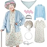 Zhanmai 7 Pcs Halloween Old Lady Costume Set 100 Days of School Grandma Costume Granny Dress for Woman Cosplay Accessories(blue Green Flower, X-Large, Adult)