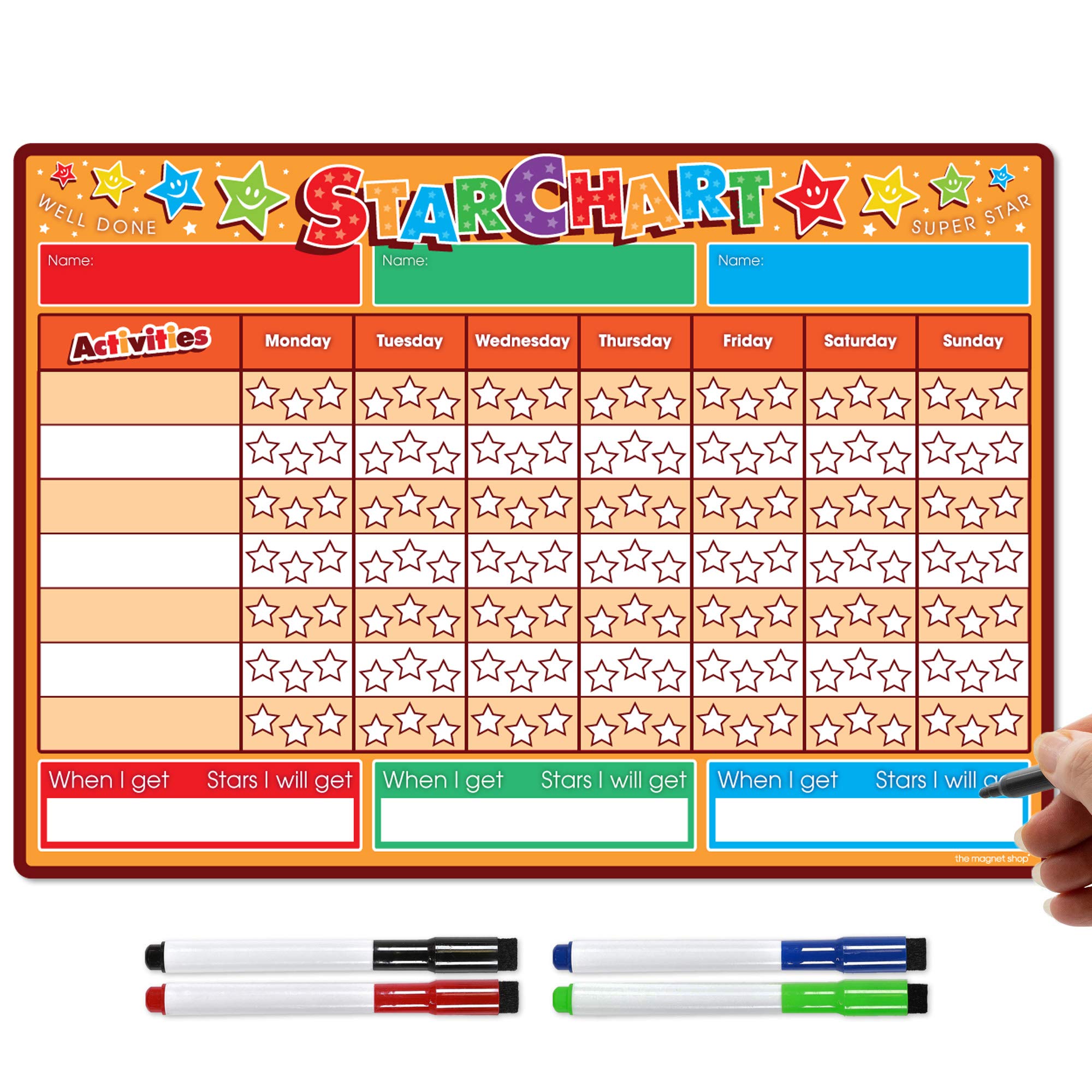 TMS Reward Chart for Children | Magnetic Star Chart for Recognising and Inspiring Good Behaviour in Toddlers and Kids, Boys and Girls | with 4 Free Magnetic Coloured Dry Wipe Pens! (Orange)