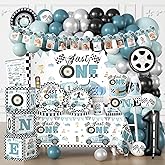 Fexivo 256pcs Fast One Birthday Decorations for Boys, All-in-1 Supplies Pack with 20pcs Vintage Race Car and Car Themed Plates, Napkins, 2pcs Tablecloth for Fast One Birthday Decorations