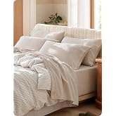 Bedsure PureWoven 100% Washed Cotton Sheets Queen, Linen-Like Feel, 6PCS | Cotton Percale Sheets, Breathable &amp; Relaxed, 18" Deep Pocket, Rustic Minimalist Farmhouse Style, Easy Care, Linen Beige