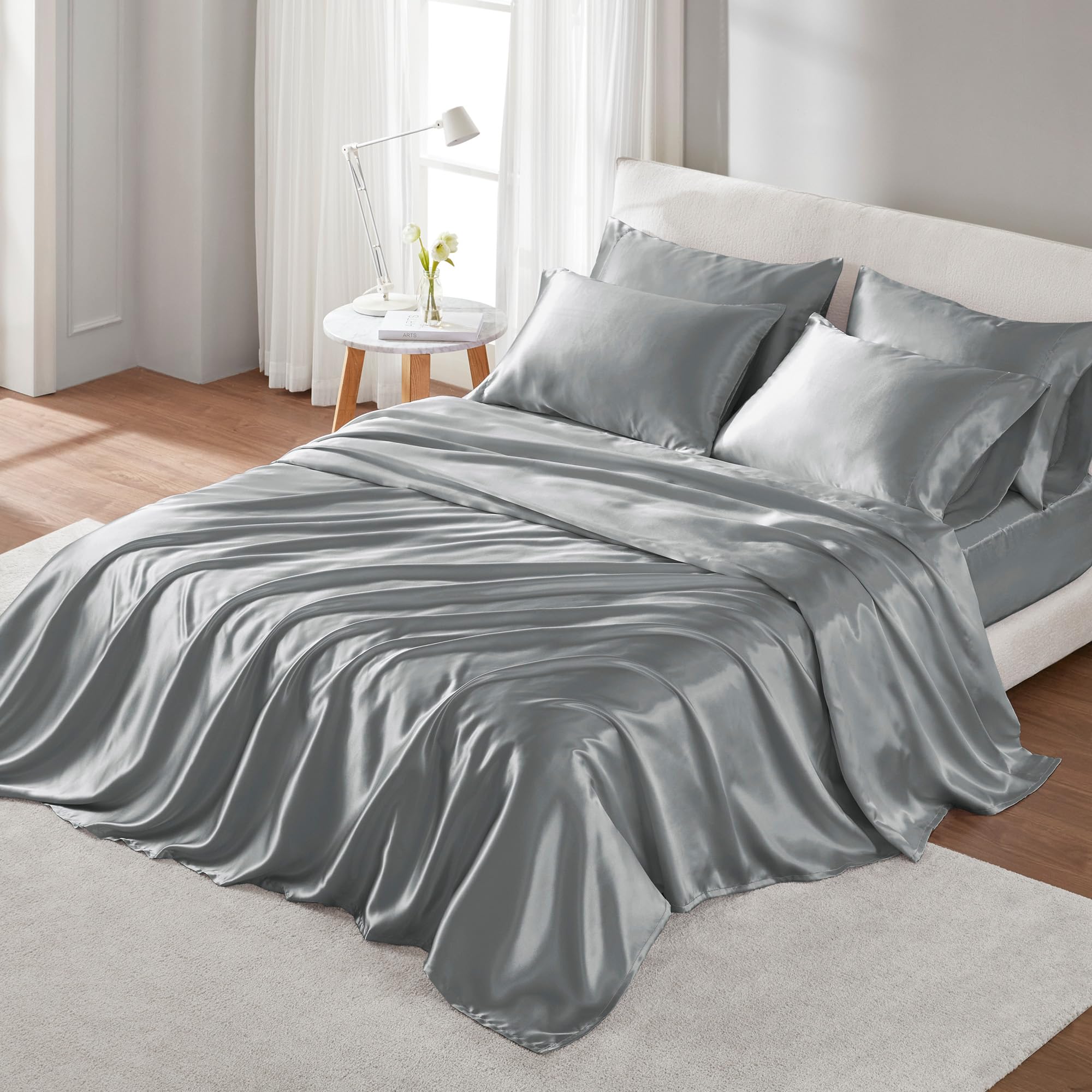 Madison Park Essentials Satin Sheet Set Luxury and Silky with Natural Sheen, Premium 16" Deep Pocket, All Around Elastic - Year-Round Bedding, Cal King, Grey, 6 Piece — image 1