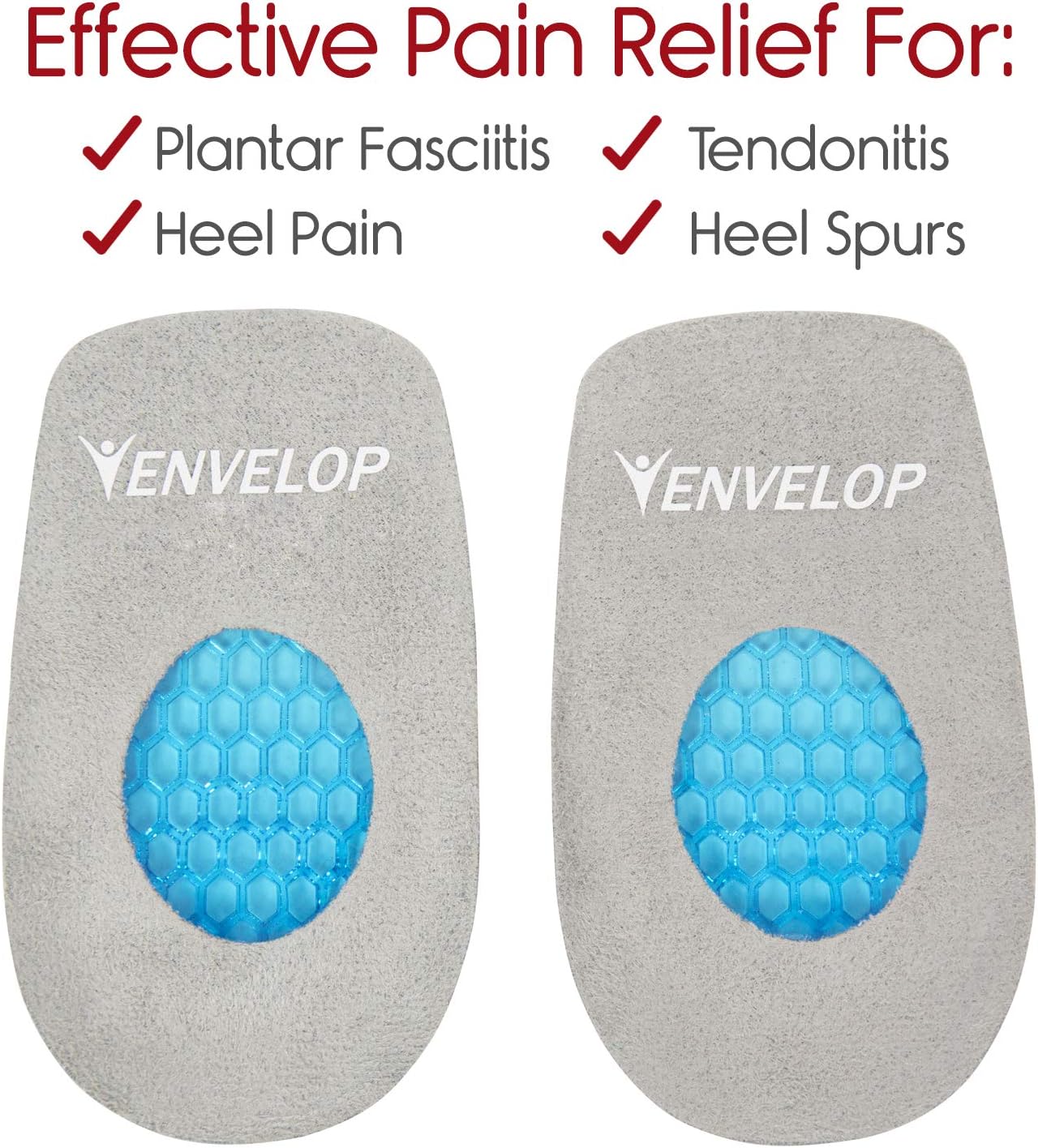 Envelop Gel Heel Cups - Heel Cushion for Women, Men, Bone Spur, Plantar Fasciitis Support - Shoe Inserts Provide Foot Pain Relief for Achilles, Feet Arch, Kids - Shock Absorbing Protector Pad (Large): Health & Personal Care